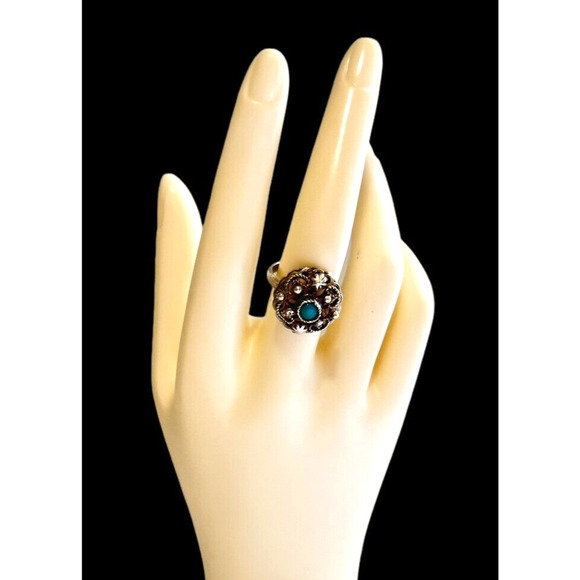 Antique Mexican Sterling Silver Filigree Flower Ring Turquoise Stone Sz 7.75 - Picture 3 of 10